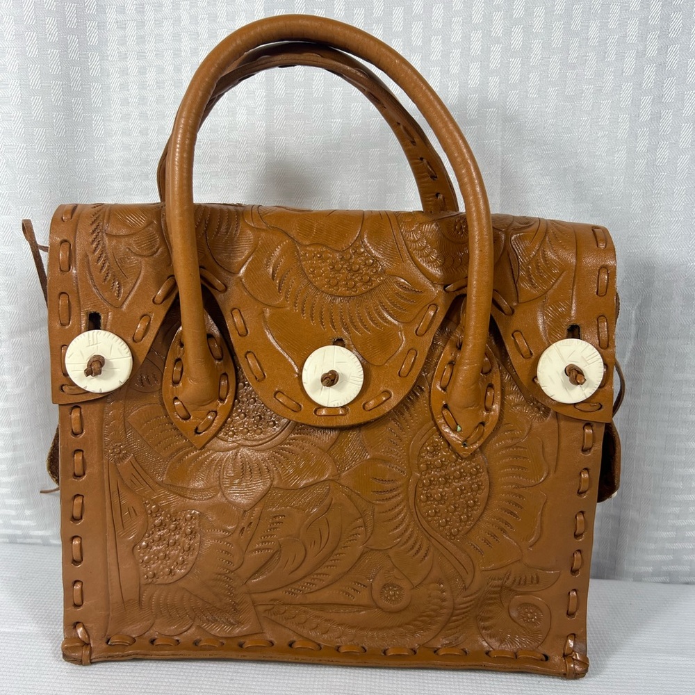 Vintage Carving Tribes Hand-Tooled Leather Satchel with Bone Button Closures